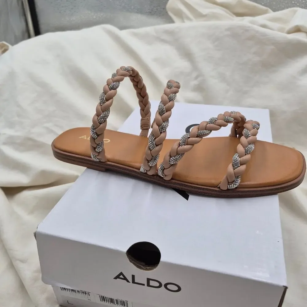 NEW ALDO Women Tritoney flat slip-on slide sandal braided straps crystal size 8